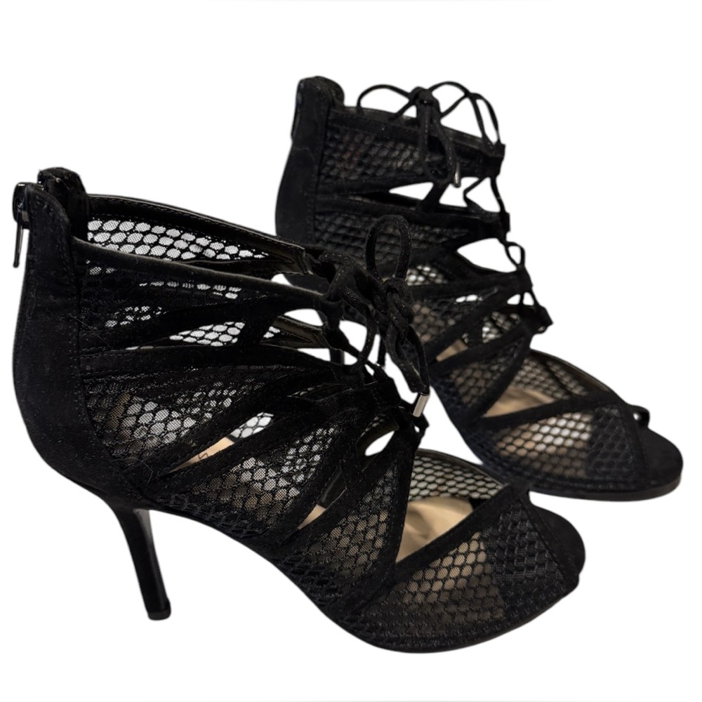 Nine West Black Arrietty Peep Toe Minimalist Lace Up Front Mesh Stiletto Shoes 6